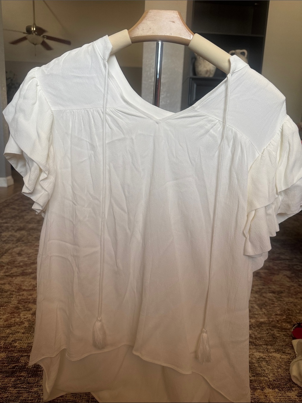 Women's Cream V-Neck Blouse with Ruffled Short Sleeves and Tassel Ties